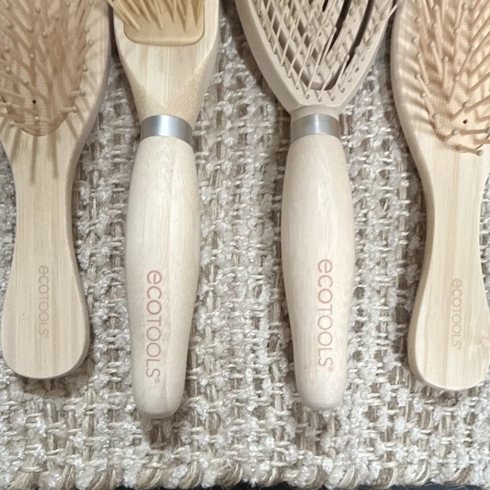 New EcoTools Wood Detangling Hair Brush Set 4pc Beige Leaf Shape Unisex Bamboo